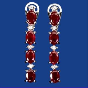 925 Sterling Silver Earrings 3.2cm with Natural Oval Ruby 6x4mm Gem & Cz